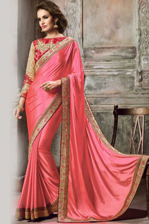 Carrot pink Crepe Saree With Net Blouse