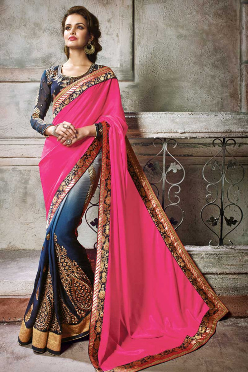 Blue and pink Satin Saree With Georgette Blouse