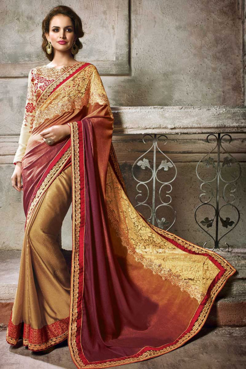 Beige brown and maroon Art silk Saree With Art silk Blouse