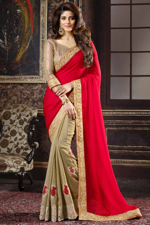Red with beige Chiffon, georgette and satin Saree With Art silk Blouse