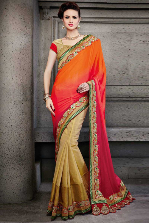 Indian wedding saree, Orange Pink and Beige satin diwali saree, square ...