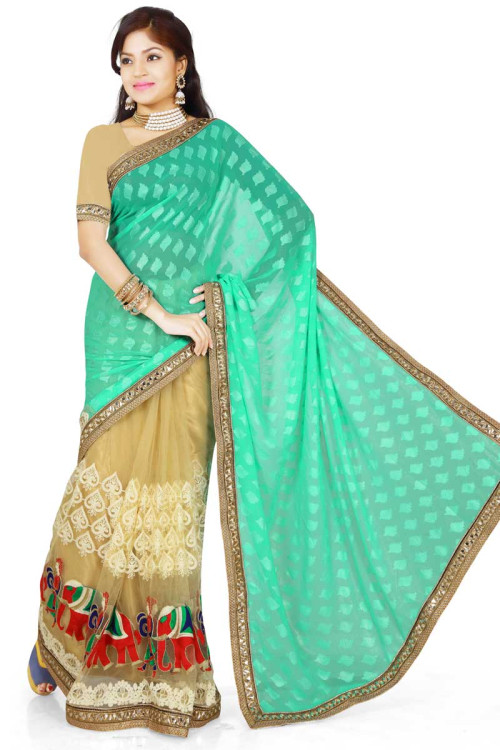 Green and beige Brasso and net Saree With Art silk Blouse