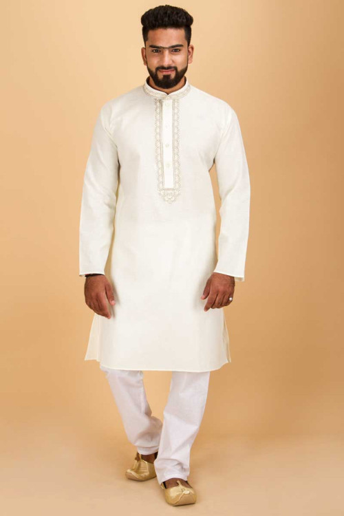 Off White Ethnic Wear Long Kurta Pajama Set for Eid