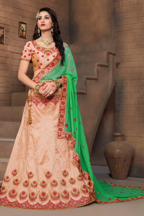 Peach Mulberry Silk Embroidery Lehenga Choli