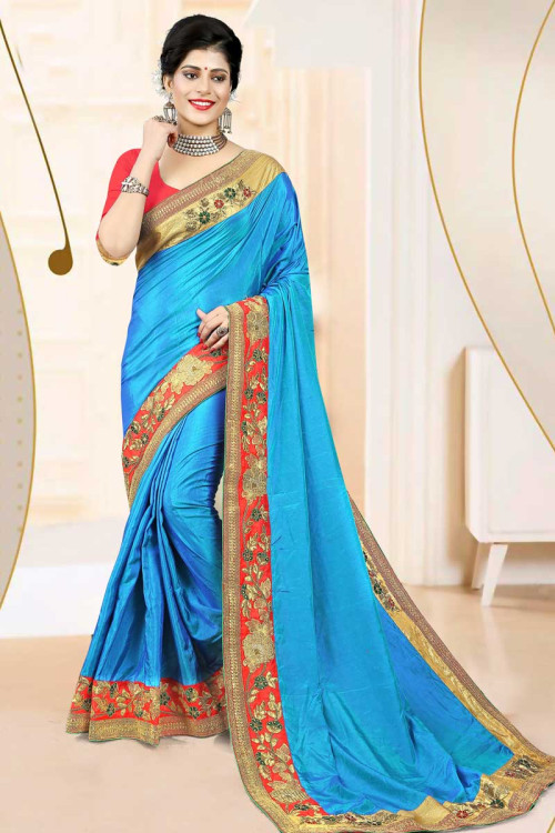 Deisgner Silk Saree With Banglori Silk Blouse In Sky Blue