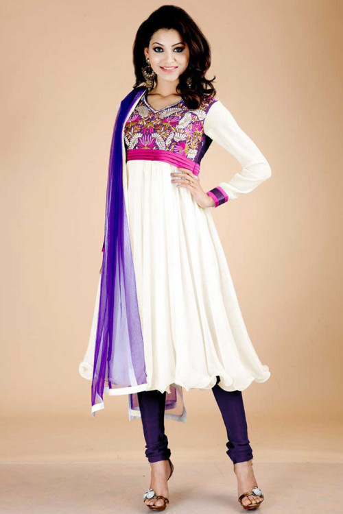 Frock Style Anarkali Churidar Suit In Off White Color