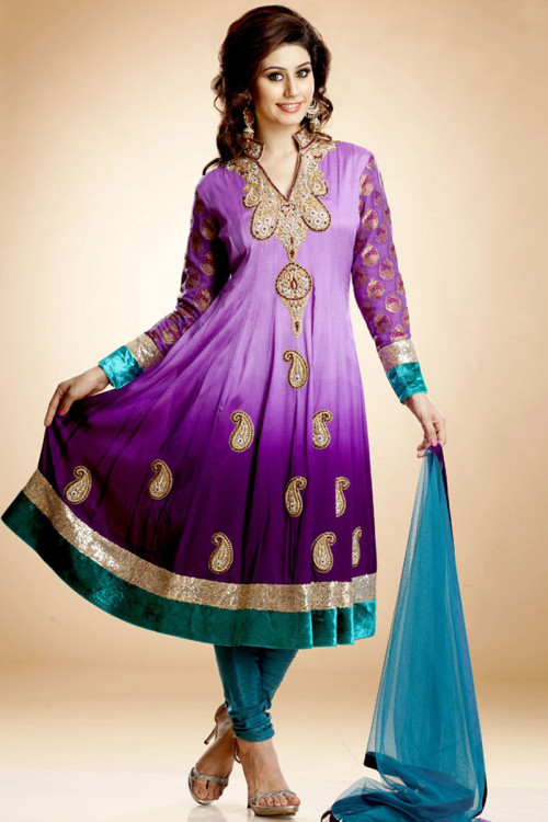 Purple Hand Embroidered Anarkali Suits