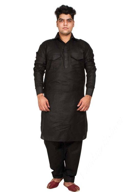 Black Plain Dupion Pathani Suit