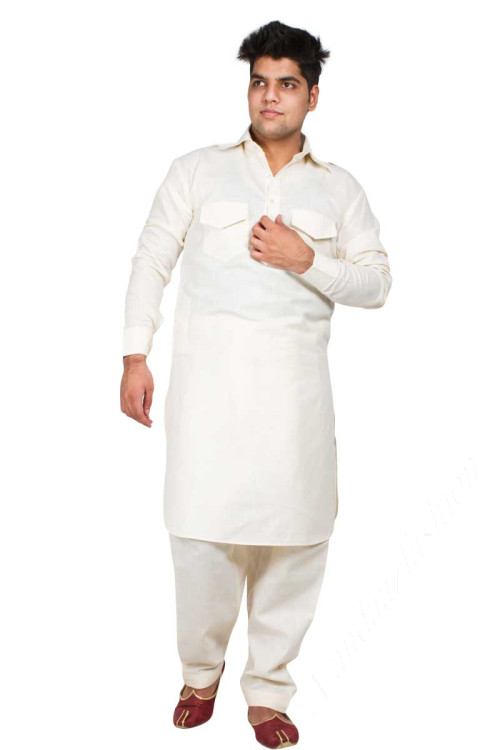 Cream Linen & Cotton Pathani Suit