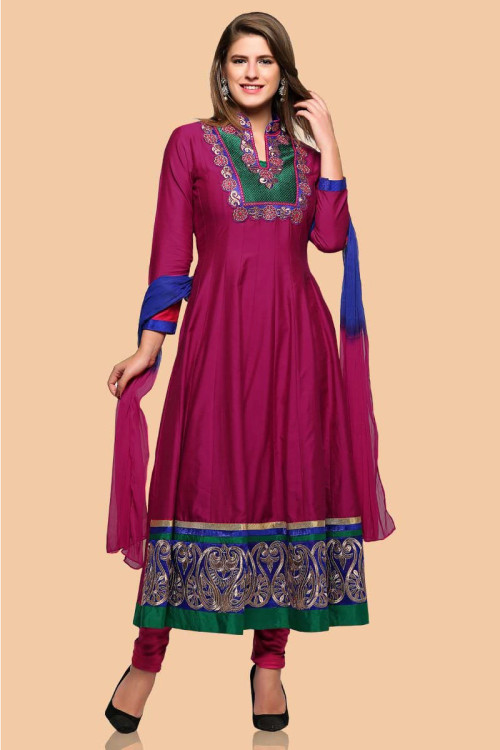 Pink Polysilk Anarkali churidar Suit With Dupatta