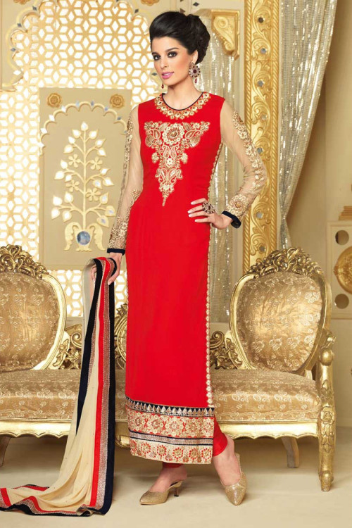 Red Georgette Churidar Suit With Dupatta