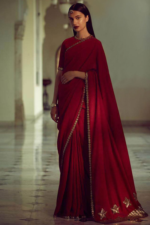 Designer Deep Red Georgette Saree With Georgette Blouse