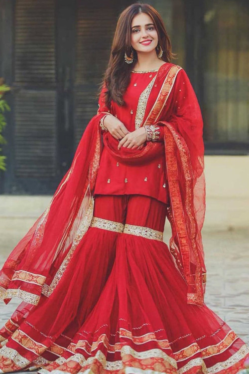 Designer Embroidered Silk Red Fancy Sharara Suit