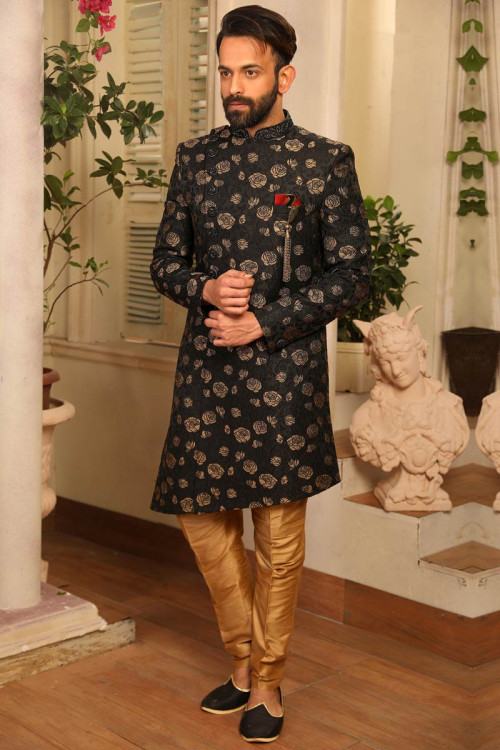 Designer Jacquard Silk Black Sherwani Set