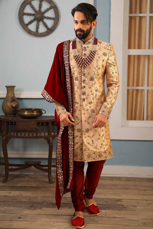 Designer Rose Gold Jacquard Silk Sherwani For Groom