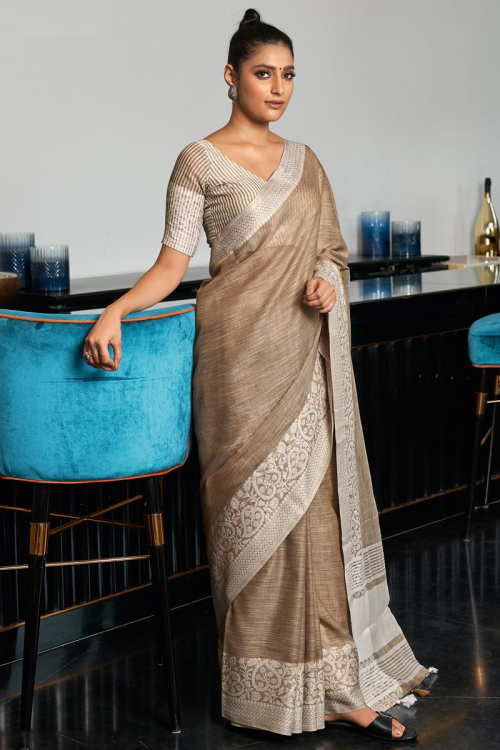 Designer Woven Linen Oat Beige Saree