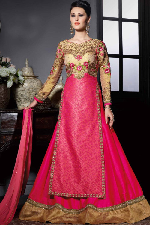 Beige Pink Tussar Silk Jacquard Gown with Chiffon Dupatta