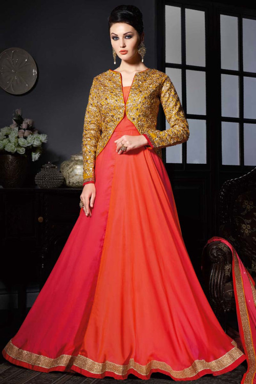 Pink Orange Art Silk Gown with Chiffon Dupatta