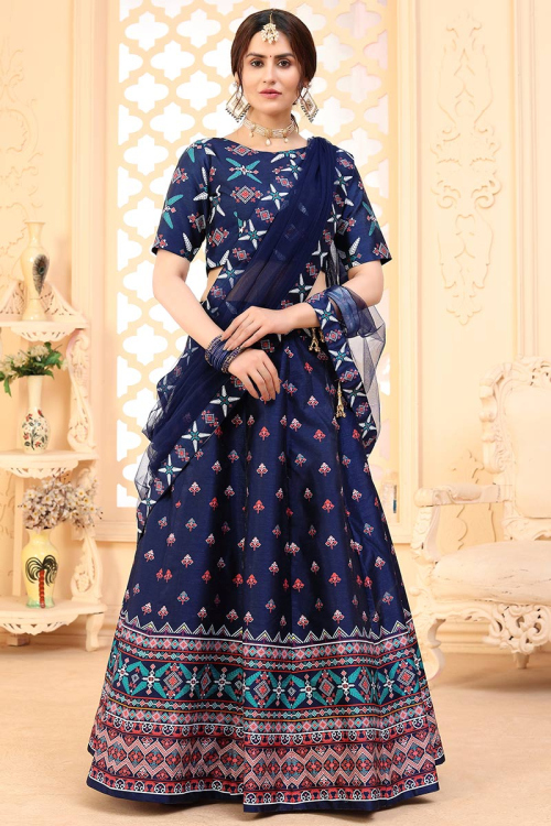 Printed Art Silk Navy Blue Lehenga