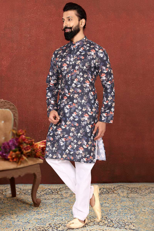 Men Kurta Pajama in Dupion Silk White with Printed for Wedding 