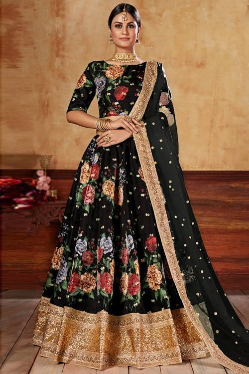 Digital Print Embroidered Art Silk Black Lehenga