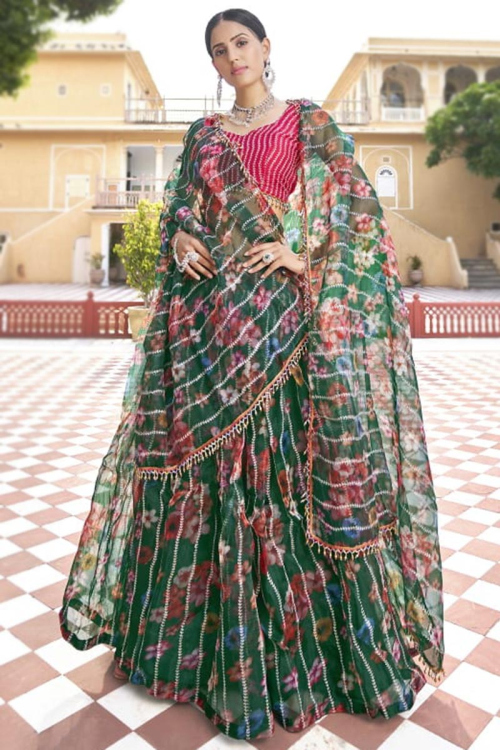 Digital Print Organza Bottle Green Lehenga