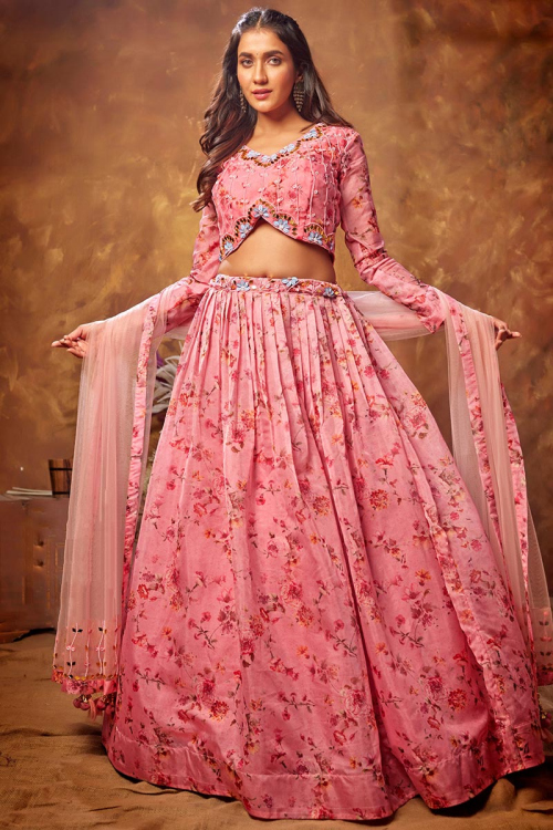 Digital Print Organza Coral Pink Lehenga