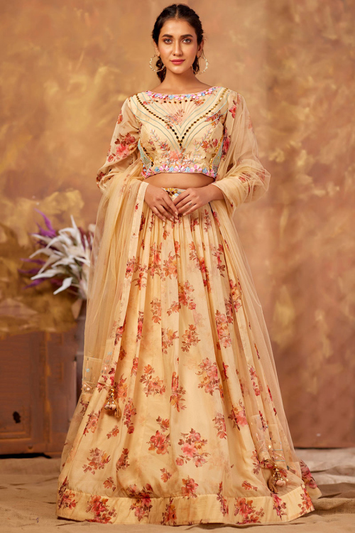 Digital Print Organza Cream Beige Lehenga