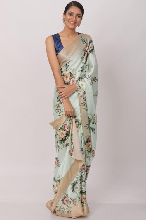 Digital Print Satin Light Green Party Wear Saree