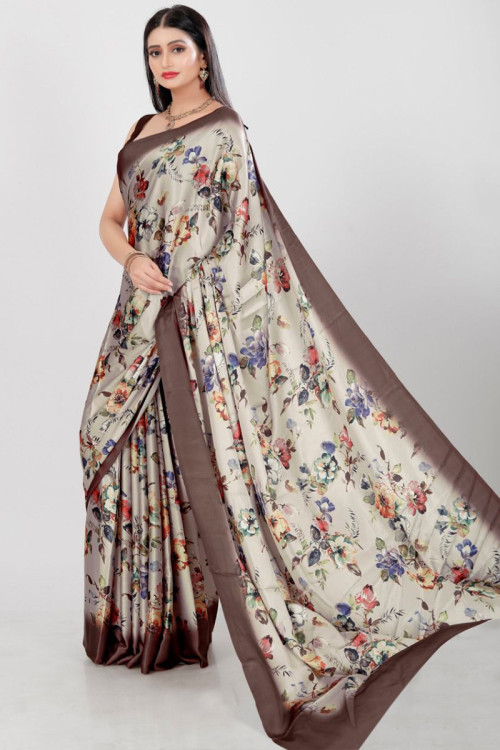 Silver Digital print Saree in Satin - SR21389