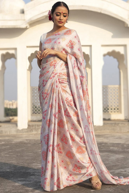 Off White Satin Floral Saree with Digital Print