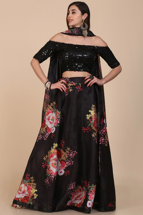 Digital Printed Bangalori Silk Black Lehenga