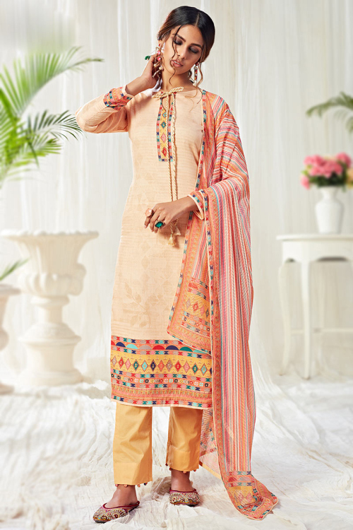 Stone Work Casual Wear Trouser Suit in Peach Cotton