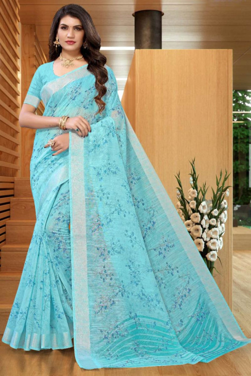 Sky Blue Color Reception Wear Trendy Weaving Print Saree With Patola Design  Blouse