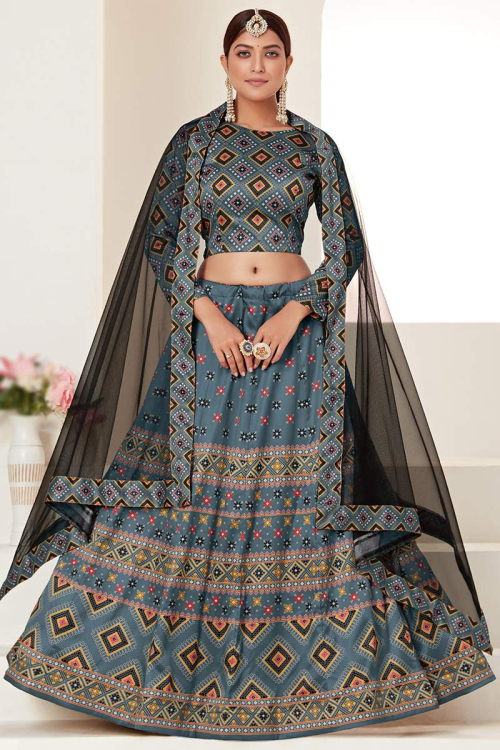 Digital Printed Silk Bluish Grey Lehenga