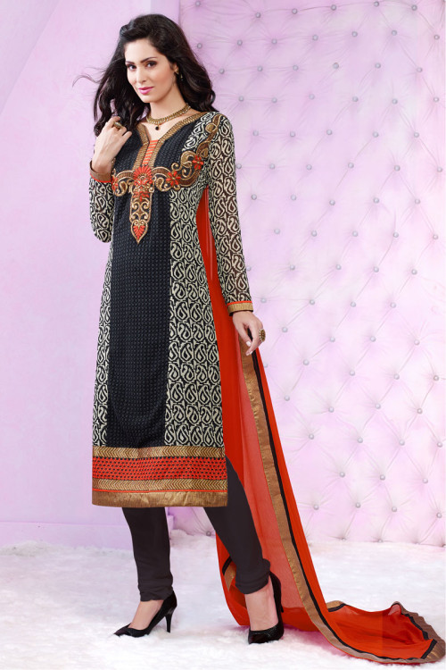 Beige and Black Georgette Churidar Suit-Beige with Black-Semi Stitched