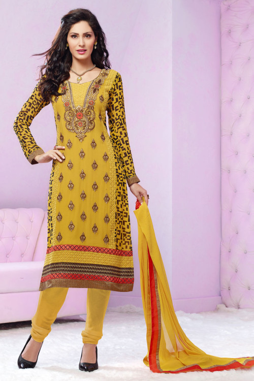 Black and Yellow Georgette Churidar Suit