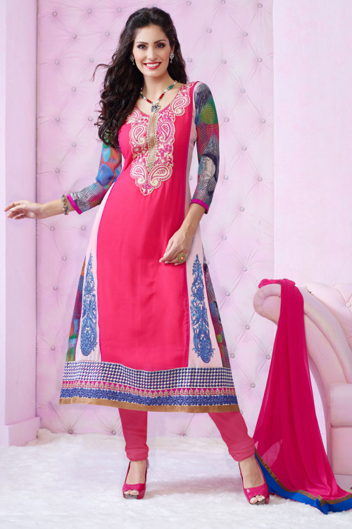 Pink Georgette Suit, Printed Churidar Kameez Online - Andaaz Fashion