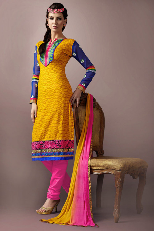 Yellow and Blue Cotton Churidar Suit