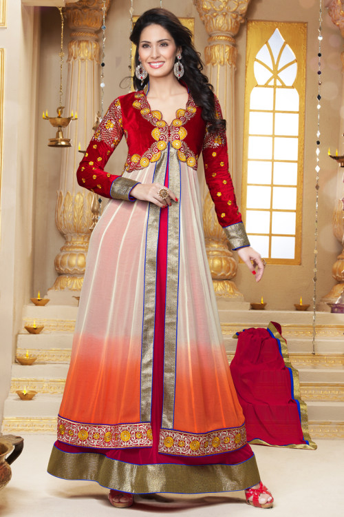 Red with off White Net Churidar Suit