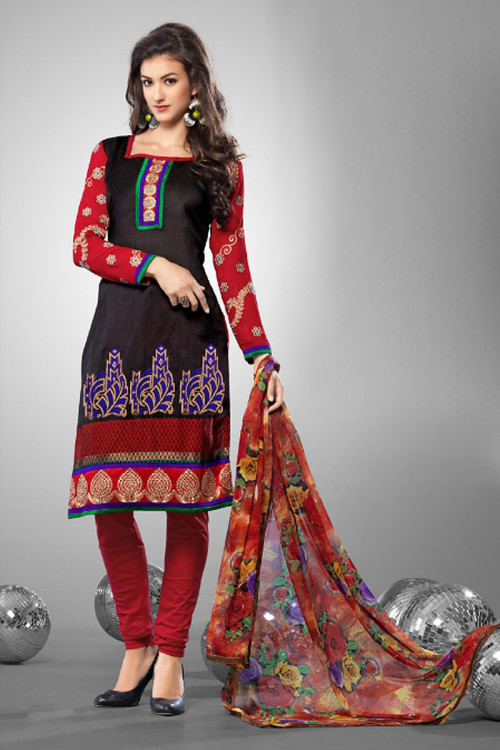 Black and Red Cotton Silk Churidar Suit