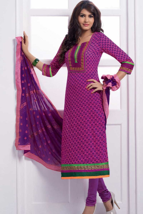 Pink Purple and Rani Cotton Churidar Suit