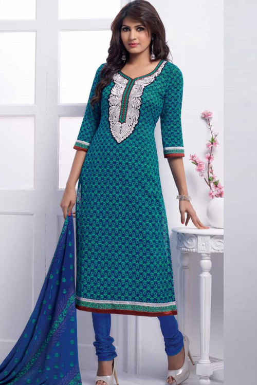 Blue and Green Cotton Churidar Suit