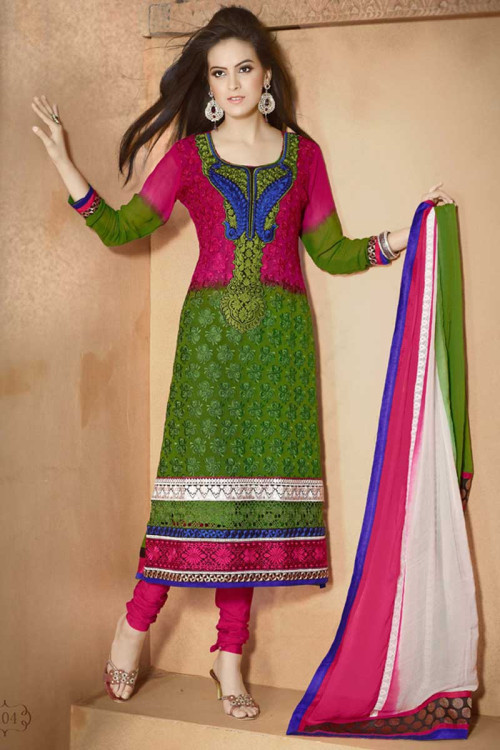 Green and Pink Georgette Churidar Suit