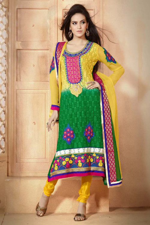 Green and Yellow Georgette Churidar Suit
