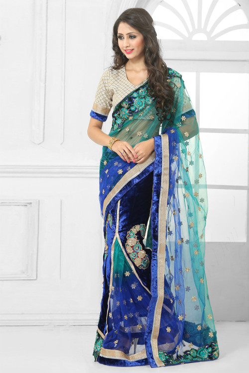Blue Sky Net Saree With Velvet Art Silk Blouse