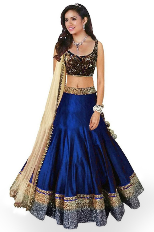 Navy Blue Taffeta Silk Lehenga with Velvet Choli 