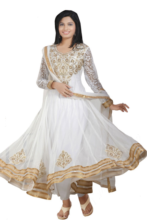 White Anarkali Churidar Suit and White Dupatta