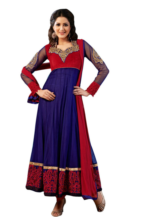 Blue Anarkali Churidar Suit And Red Dupatta