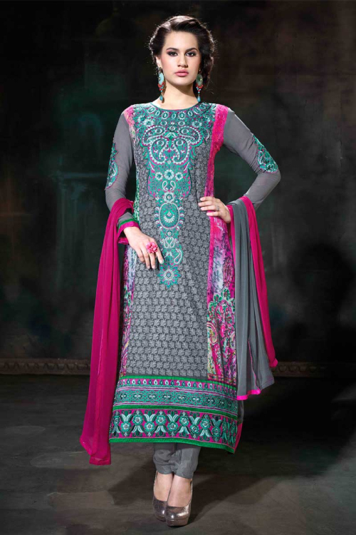 Grey Color Georgette Churidar Suit with Chiffon Dupatta